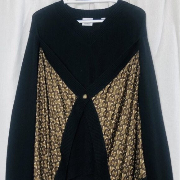 Burberry Women Brown Silk Panel Merino Wool Logo Monogram Neck Black Sweater Med